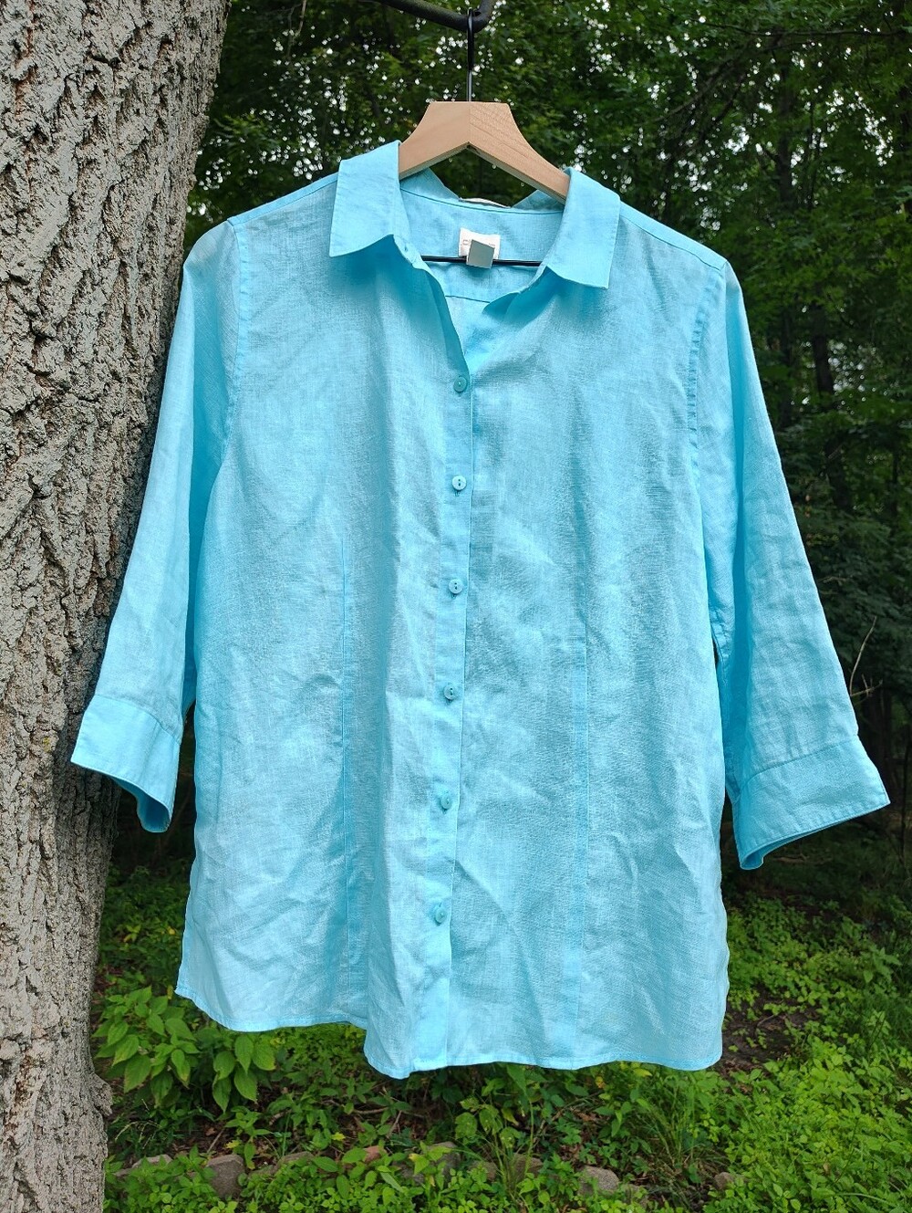 Turquoise Blue Linen Button Down Shirt w/ 3/4 Sleeves Chicos Size 1.5 (Medium)